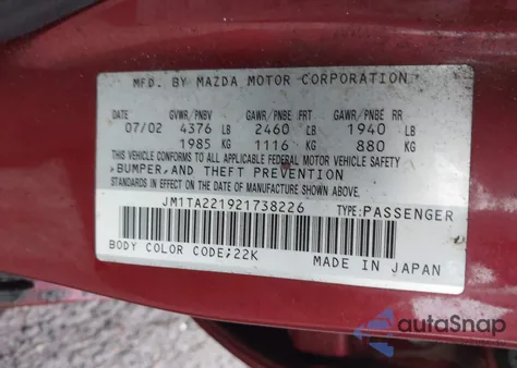 2002 Mazda Millenia P/Ps from USA, damaged, VIN JM1TA221921738226